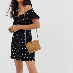 ASOS off shoulder black and white polka dot dress